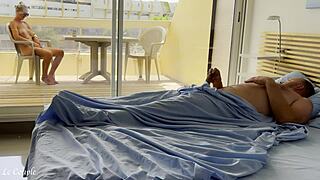 Naked wife was already watching nudists on street when husband woke in the morning