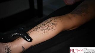 Tattooed Brunette Massaged and Fucked Hard in Oiled Session