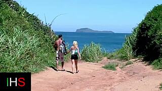 Blonde girl, how does double penetration at the seaside feel?