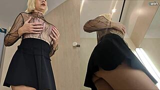 Hidden camera upskirt view in locker room changing area