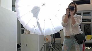 Lesbo teens enjoy threesome after shoot.