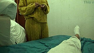 Mature Woman Feels Deep Emotions Touching Young Man's Body In Bedroom