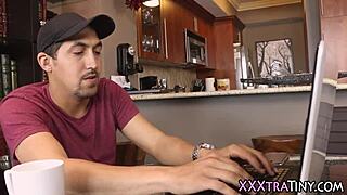 Oh yeah, this tiny 18+ teen is throating and riding that big cock hard!