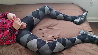 Shemale Jerking Off in Plaid Dress and Argyle Tights!