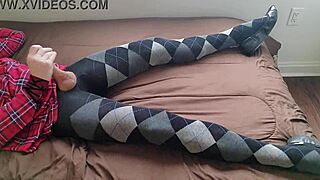 Shemale Jerking Off in Plaid Dress and Argyle Tights!
