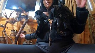 Milfycalla Dumps A Lot Of Cum On Her Black Down Jacket And Leather Leggings