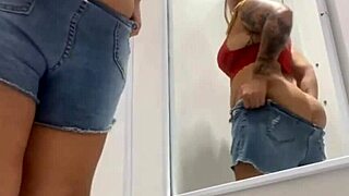 Hairy Pussy Flashing in Store Fitting Room During Solo Masturbation Session