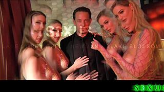 Behind the scenes, Laney Grey and Blake Blossom passionately blowjob Brad Newman's big cock