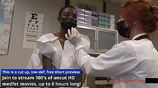 Nurse in latex gloves examines patient's shaved pussy and small tits