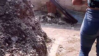 Behind house, he fucks tight ass roughly