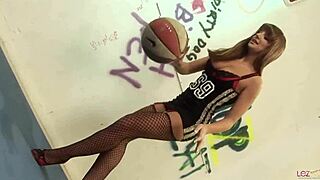 lesbian whores finger each other after practice before taking out their sex toys and pounding their pussies together