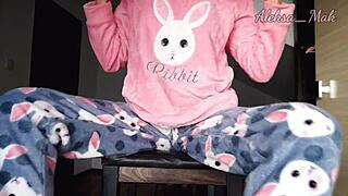 Horny Teen 18+ in Pajama Teasing Small Boobs and Masturbating Pussy