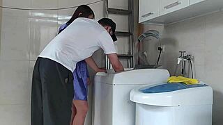 Housewife provoking the technician fixing the washing machine