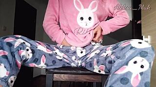 Horny Teen 18+ in Pajama Teasing Small Boobs and Masturbating Pussy