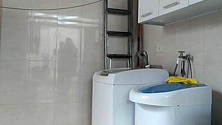 Housewife provoking the technician fixing the washing machine