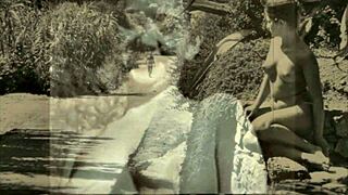 Vintage mature woman explores nature in retro setting