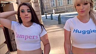 Zara Lei and Molly Brown strut in nappies outdoors in public this September