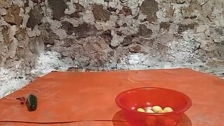 ts stretches ass with cucumber and pees during fruit play