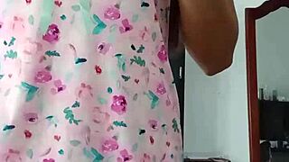 curvy latina model in sexy pink pajamas poses innocently for colleague in homemade softcore solo