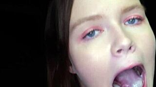 Ava swallows cum after gloryhole blowjob, tasting it eagerly