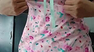 curvy latina model in sexy pink pajamas poses innocently for colleague in homemade softcore solo