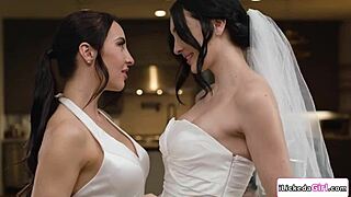 brunette busty babe and petite milf girlfriend as couple sharing intimate moments with kissing and touching