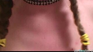 pigtailed brunette amateur solo squeezes bounces and plays with her big tits