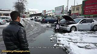 Slippery Nuru Massage Couple Handles Monster Cocks and Cumshots!