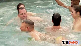 Couples gather in the hot tub for steamy foreplay and oral pleasures