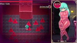 in the futanari dungeon quest, mage kanade lactated milk while getting a blowjob and handjob from the slime