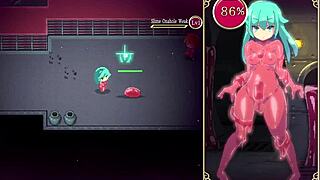 in the futanari dungeon quest, mage kanade lactated milk while getting a blowjob and handjob from the slime