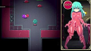 in the futanari dungeon quest, mage kanade lactated milk while getting a blowjob and handjob from the slime