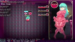 in the futanari dungeon quest, mage kanade lactated milk while getting a blowjob and handjob from the slime