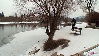 An old guy seduces a curvy nylon teen 18+ for outdoor sex in the snow