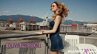 petite blonde milf teases with striptease and solo dancing outdoors