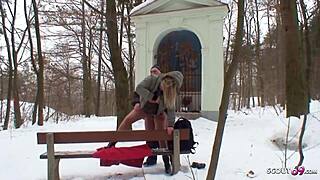An old guy seduces a curvy nylon teen 18+ for outdoor sex in the snow