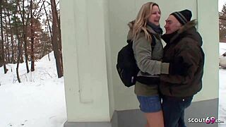 An old guy seduces a curvy nylon teen 18+ for outdoor sex in the snow