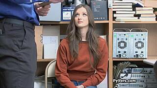 Feeling excited, the beautiful tattooed brunette gets caught in hardcore office action