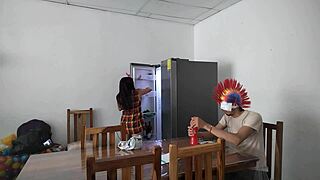 a housemaid touches her body sensually and flirts with dildo while feeding blind man