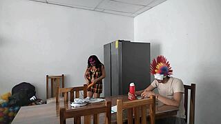 a housemaid touches her body sensually and flirts with dildo while feeding blind man