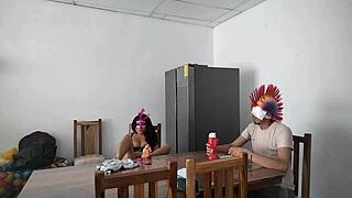 a housemaid touches her body sensually and flirts with dildo while feeding blind man