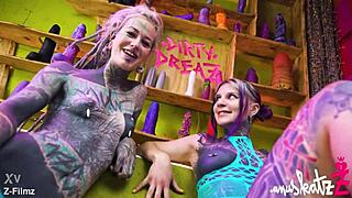 two tattooed lesbians explore anal with huge toys gaping assholes to intense orgasms 😈