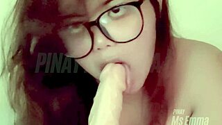 Amateur cute Filipina Ms. Emma performs an awesome solo blowjob on a big dildo, inviting others to join next