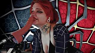 Meridjane in spider girl cosplay passionately sucks cock