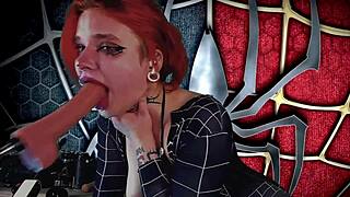 Meridjane in spider girl cosplay passionately sucks cock