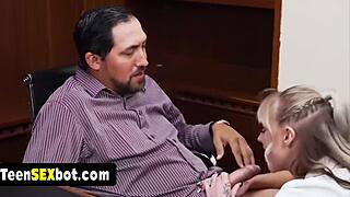 Cute blonde blows principal's dick