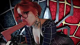 Meridjane in spider girl cosplay passionately sucks cock