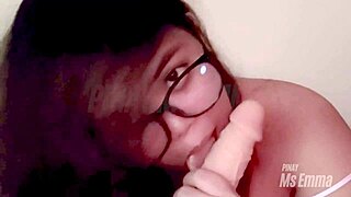 Amateur cute Filipina Ms. Emma performs an awesome solo blowjob on a big dildo, inviting others to join next