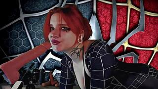Meridjane in spider girl cosplay passionately sucks cock