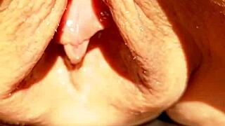 maturemons sexy mature shows humongous soaking wet meaty cunt flaps in slow motion